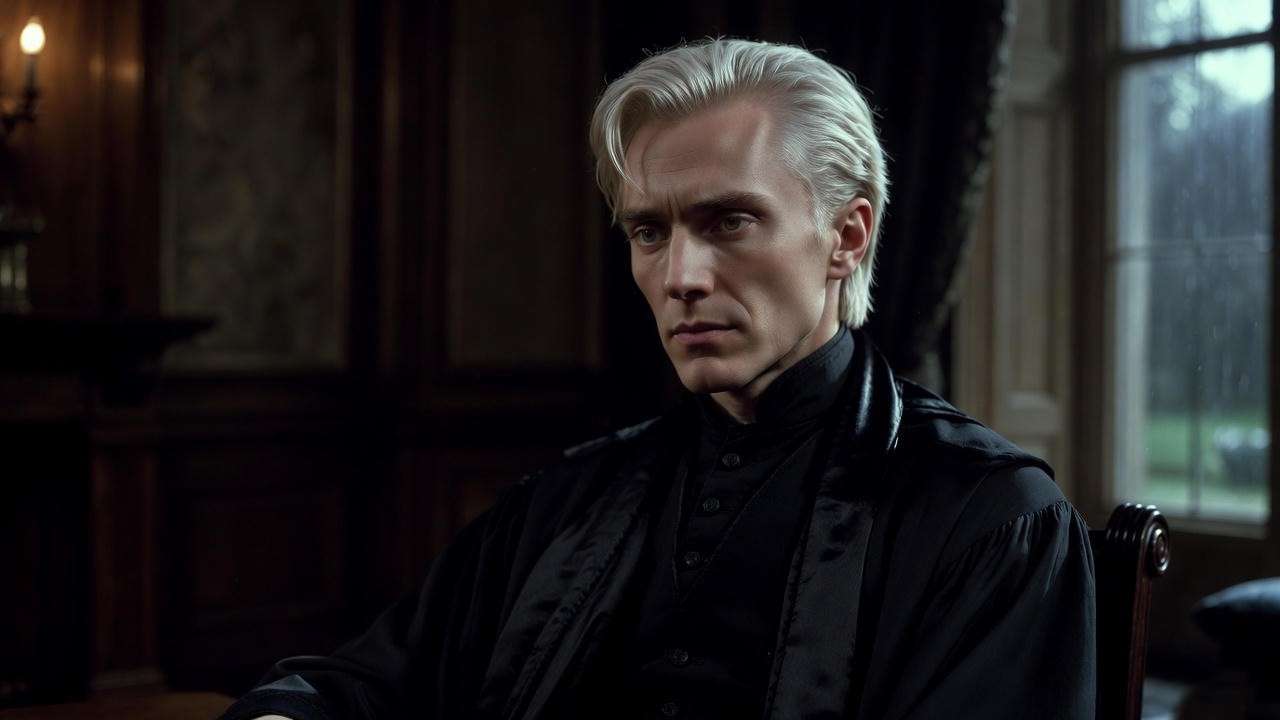 Adult Draco Malfoy in thoughtful reflection at Malfoy Manor, symbolizing his complex redemption arc in Harry Potter