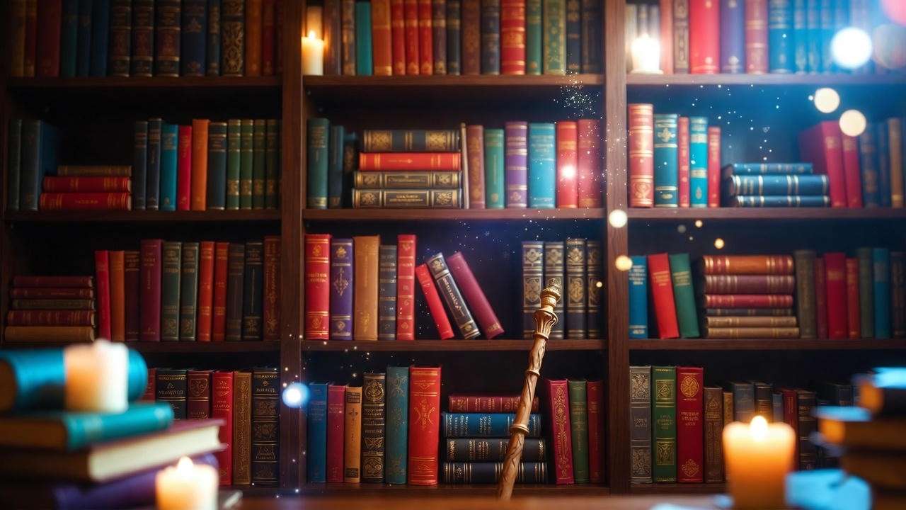 Stack of magical fantasy books on a bookshelf with glowing lights and wand, evoking Harry Potter-style wonder