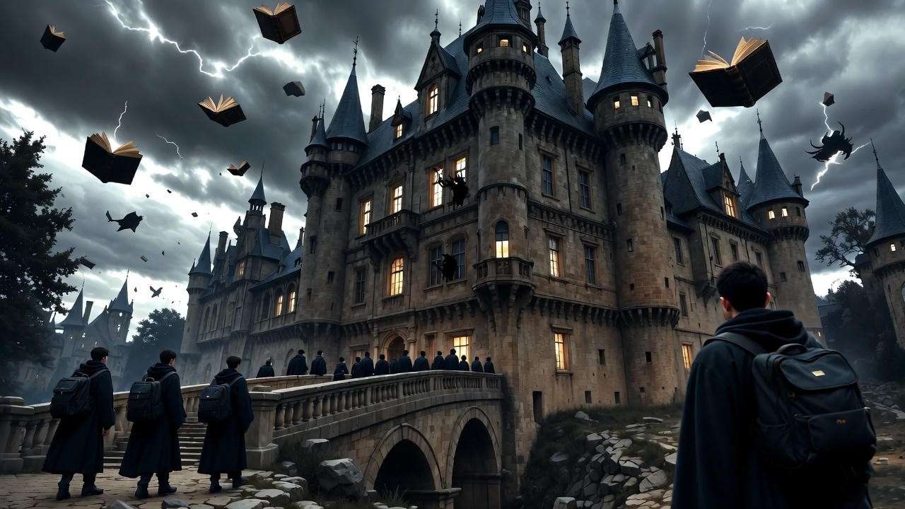 Dark magical school castle with floating books and students in robes, reminiscent of Scholomance fantasy