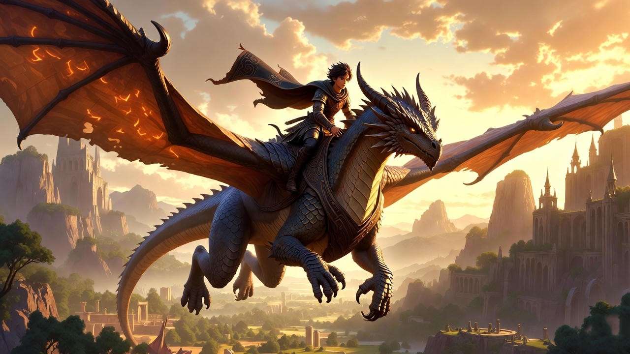 Young hero riding a dragon over fantasy mountains and castles, capturing Eragon-style epic adventure