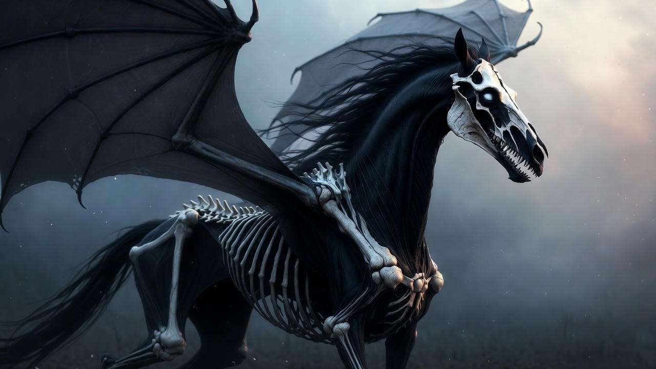 Close-up of a Thestral in Harry Potter, showing its skeletal body, bat-like wings, and blank white eyes.