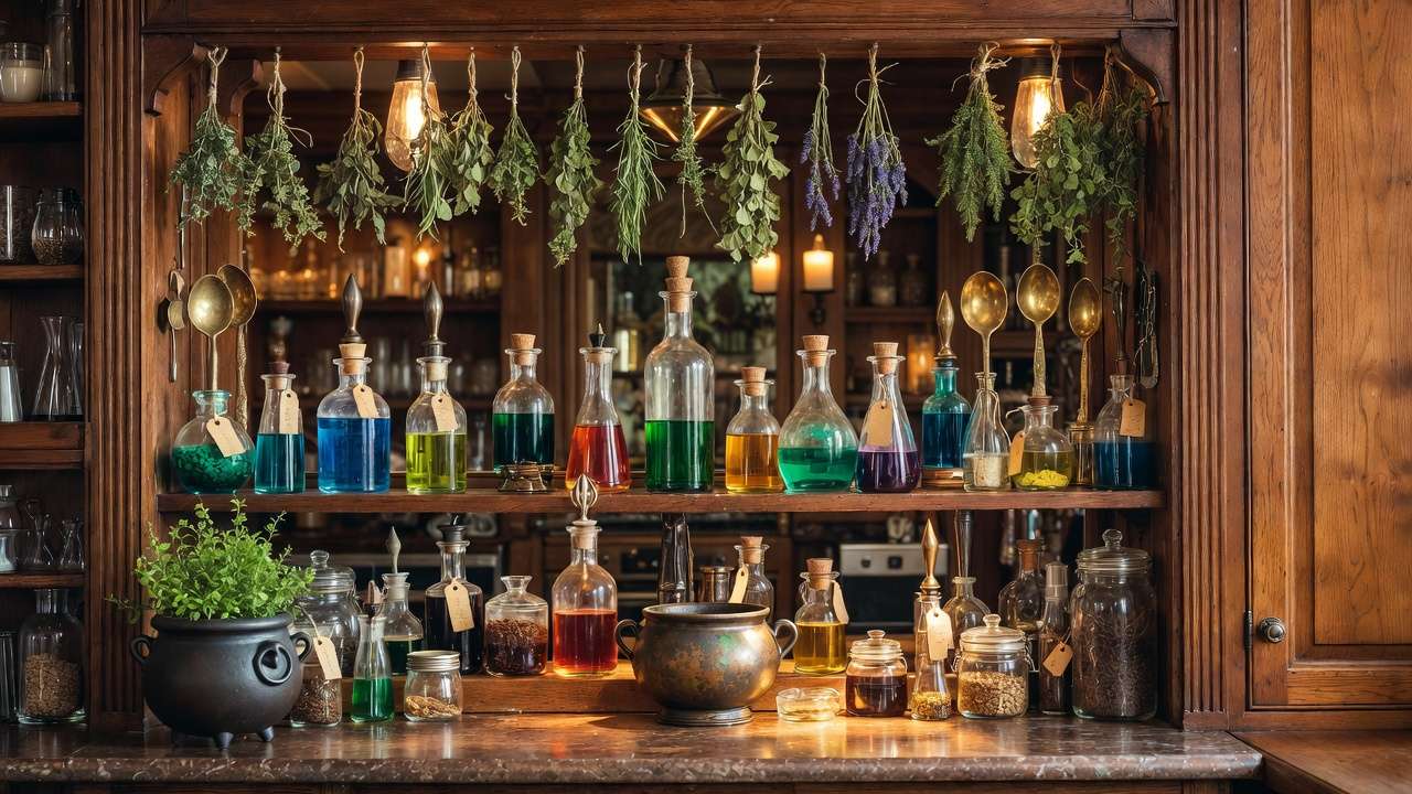 Harry Potter potion station kitchen nook with labeled glass jars, dried herbs, and cauldron planter in cozy sophisticated wizarding aesthetic