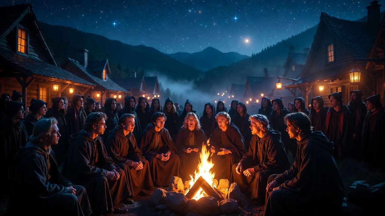Potterheads in robes enjoying fire pit gathering at Harry Potter Village Asheville NC, ultimate magical group experience