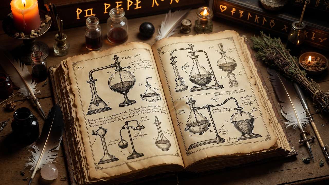Ancient alchemy book with Philosopher's Stone diagrams Harry Potter lore