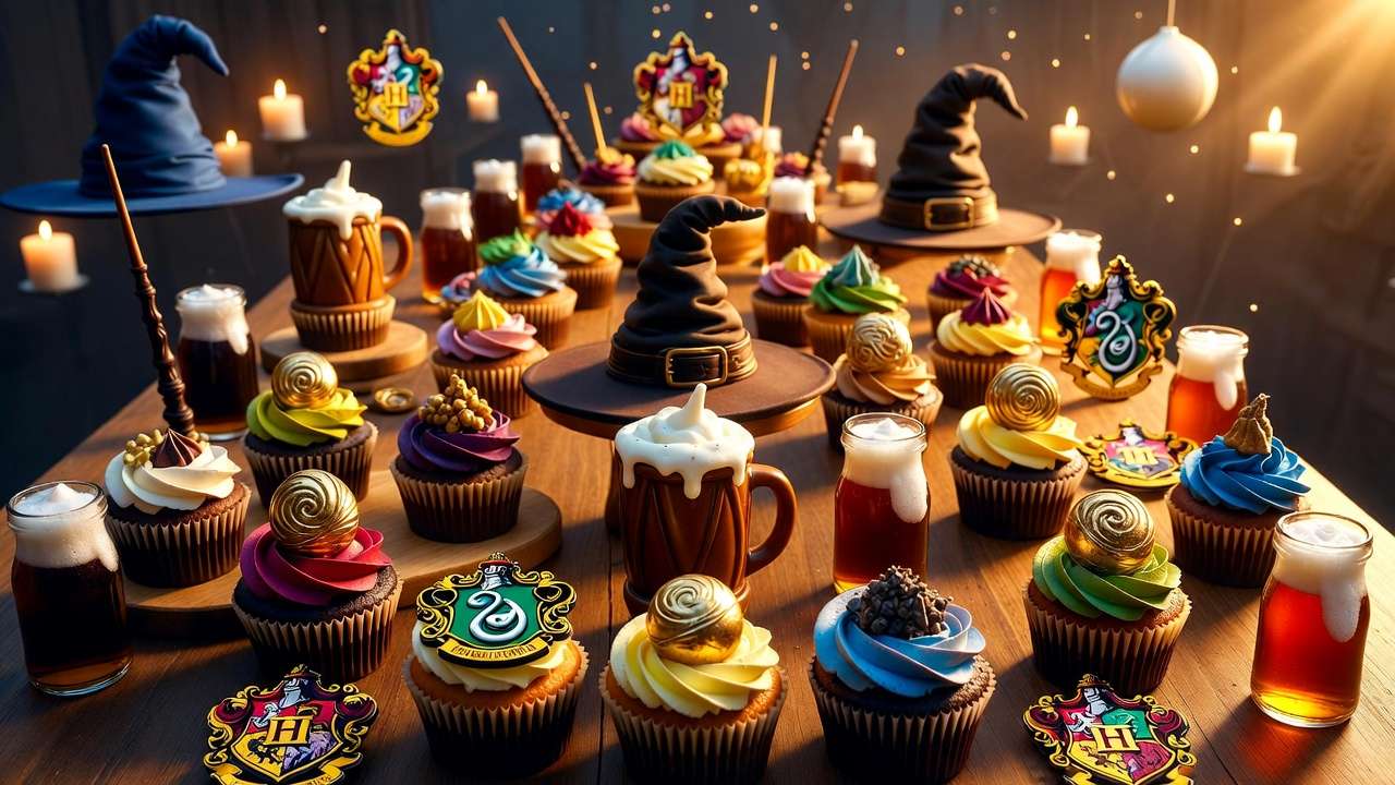 Magical Harry Potter cupcake party spread with butterbeer and golden snitch designs