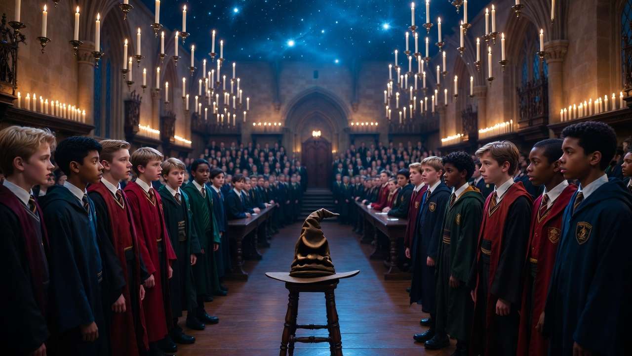 Sorting Ceremony in Hogwarts Great Hall with first-years and Sorting Hat