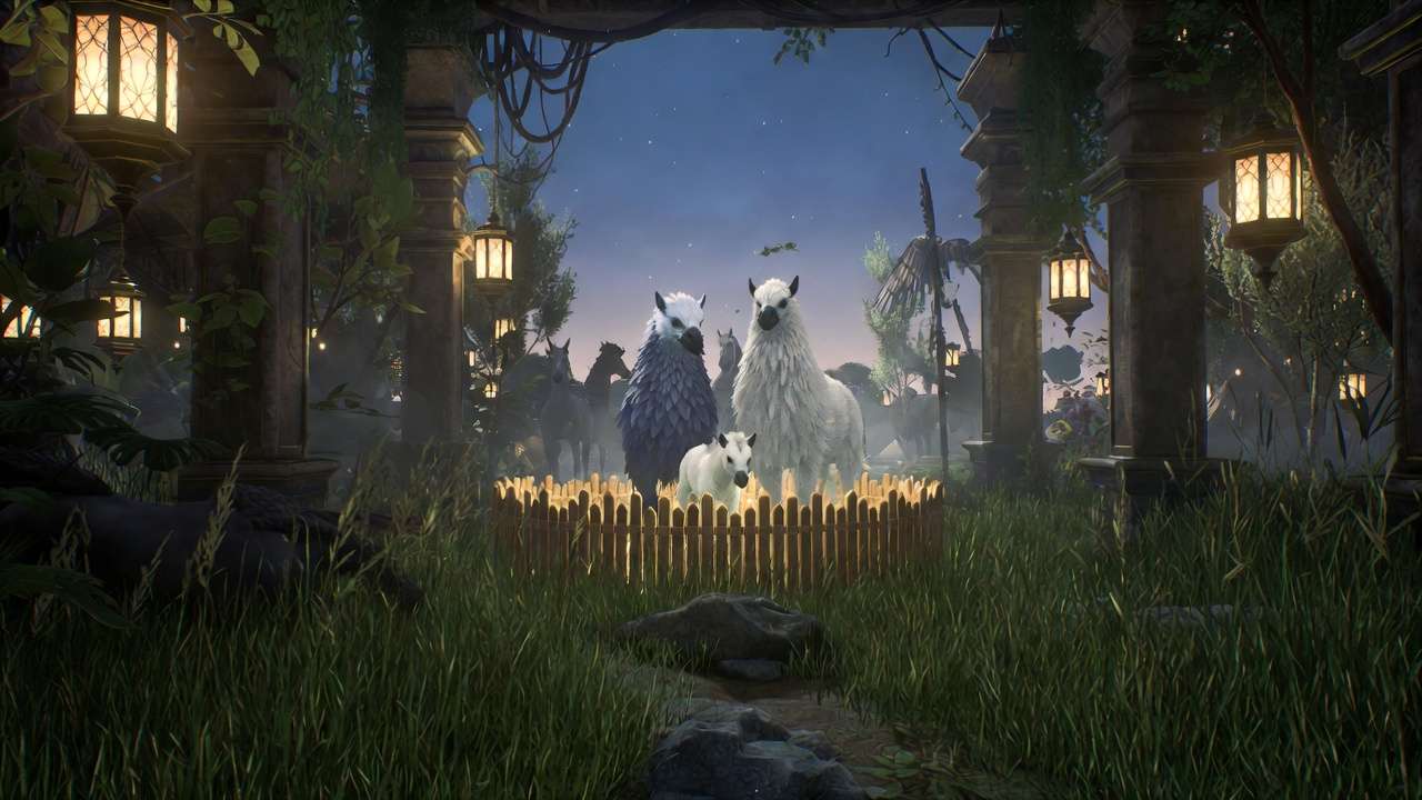 Breeding pen in Hogwarts Legacy vivarium with Hippogriff parents and newborn foal