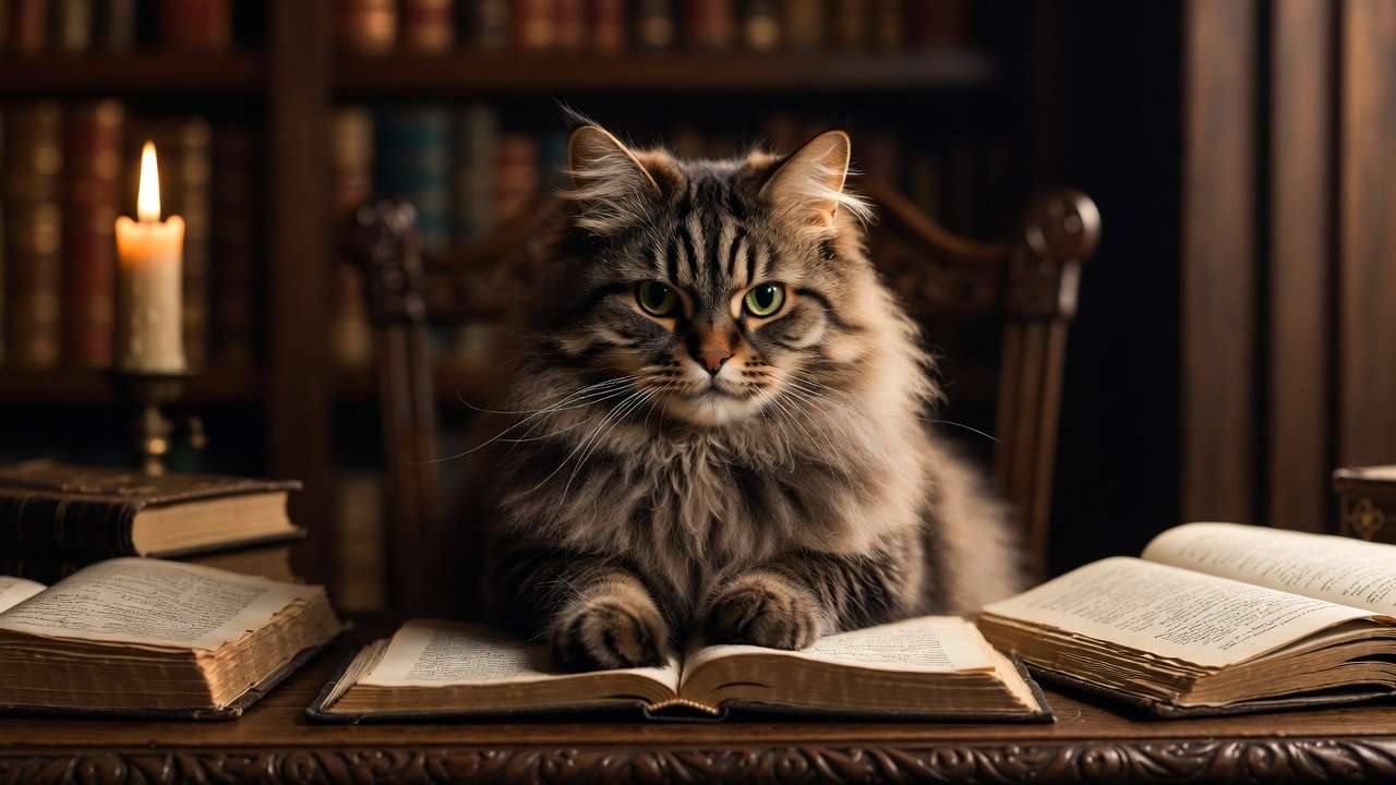 Bushy brown tabby cat Hermione Granger inspired scholarly fantasy portrait