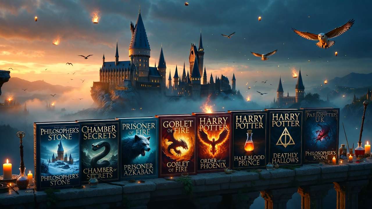 Harry Potter books arranged in ranked order with Hogwarts Castle magical background