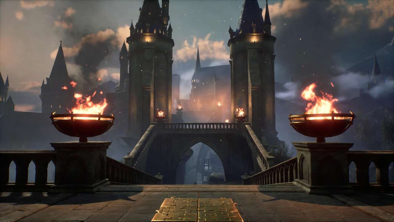 Hogwarts Legacy Viaduct Bridge brazier puzzle with lit flames and hidden hatch for secrets guide.