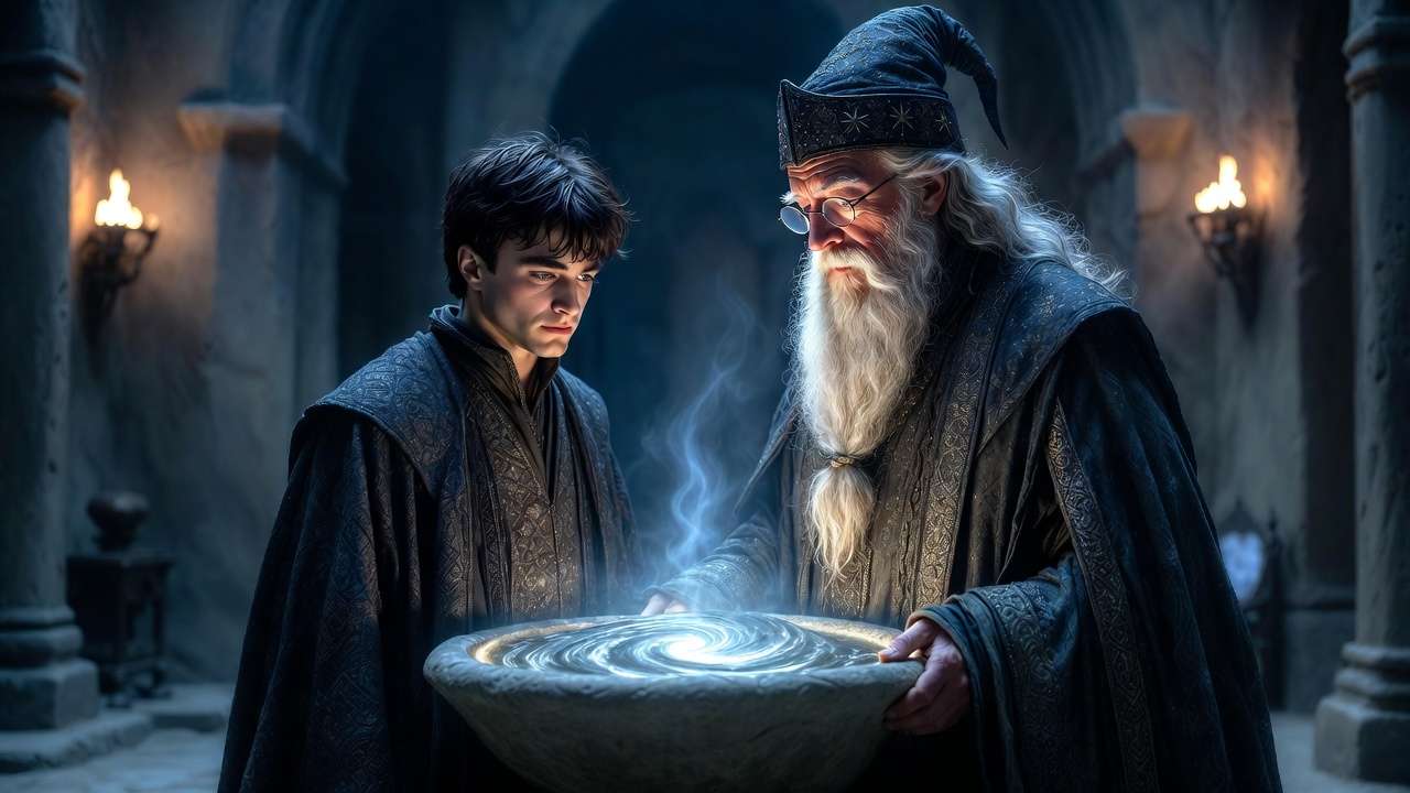 Levi Pinfold upcoming illustration style – Harry and Dumbledore at the Pensieve in Half-Blood Prince