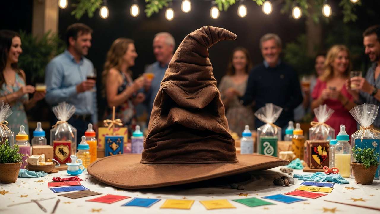 Sorting Hat game setup at Harry Potter themed baby shower