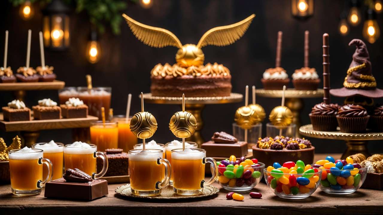 Butterbeer and golden snitch treats on Harry Potter baby shower dessert table