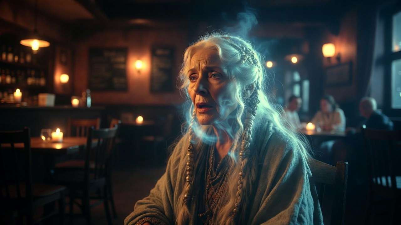 Sybill Trelawney delivering the prophecy to Dumbledore in the Hog's Head