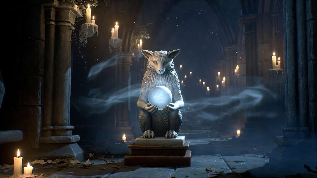 Glowing Demiguise Moon statue hidden in Hogwarts Castle at night