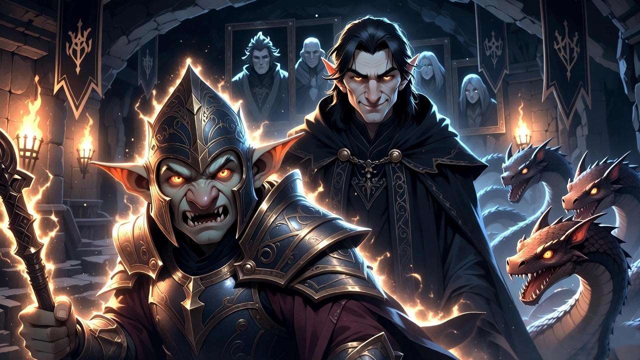 Hogwarts Legacy villains Ranrok and Victor Rookwood with Keepers in dramatic lair