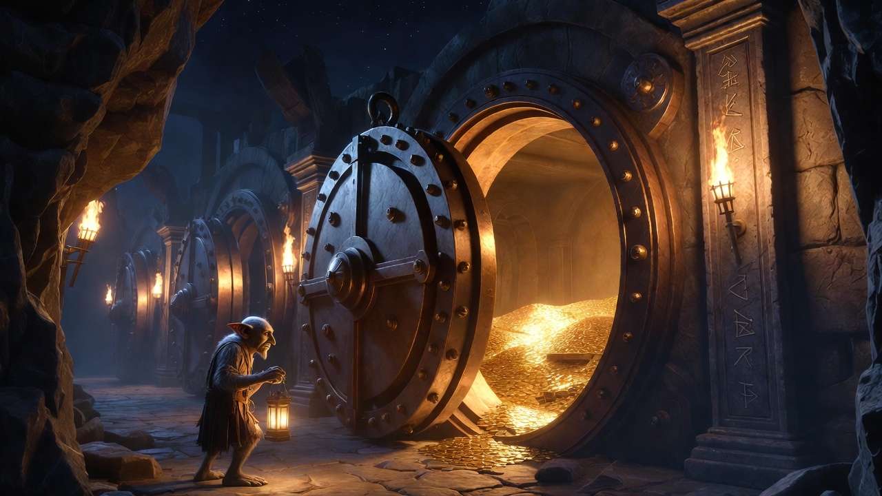 Gringotts Wizarding Bank vault with glowing piles of Galleons and goblin guard