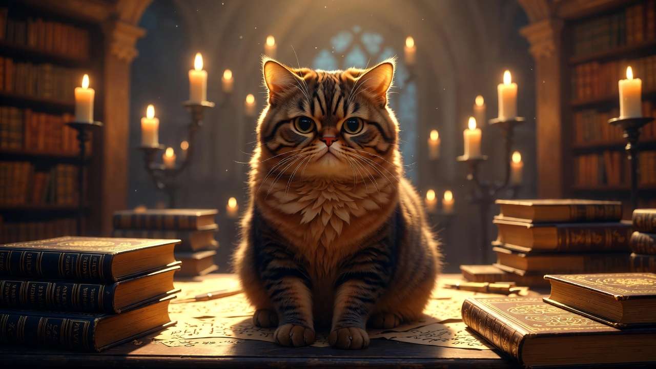 Crookshanks ginger tabby cat in magical Hogwarts library fantasy scene