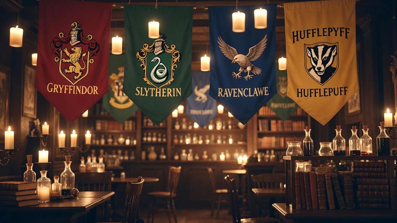 Magical interior of Harry Potter cafe with floating candles and Hogwarts house banners