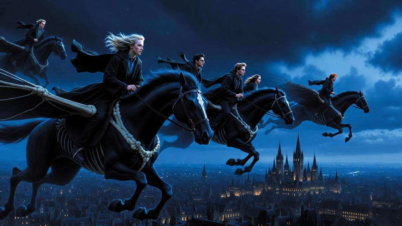 Harry Potter and friends flying on Thestrals to the Ministry of Magic in Order of the Phoenix.