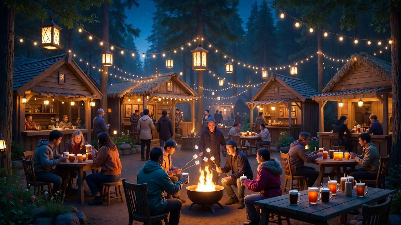 Themed village with firepits and Butterbeer at the Harry Potter Forbidden Forest Experience entry