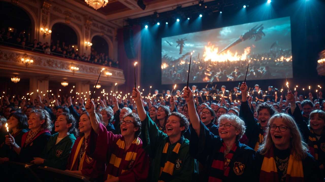 Potter fans in house robes waving wands during live Harry Potter film concert