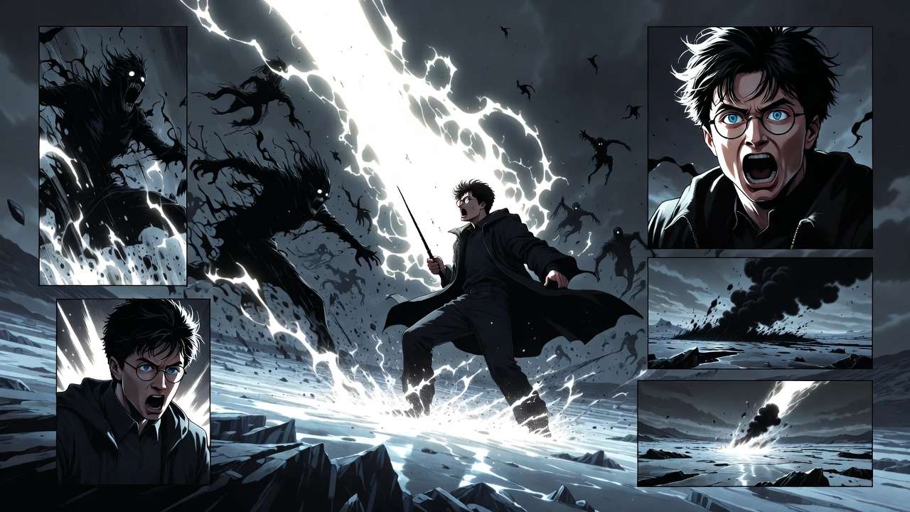 Artistic concept imagining a future Harry Potter graphic novel – Harry casting Patronus against dementors
