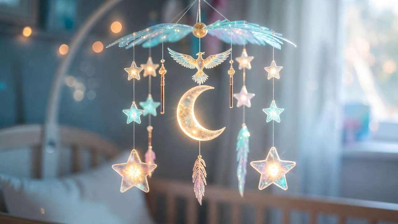 Magical baby mobile with moon, stars, phoenix, and wand charms hanging over crib in Harry Potter inspired nursery