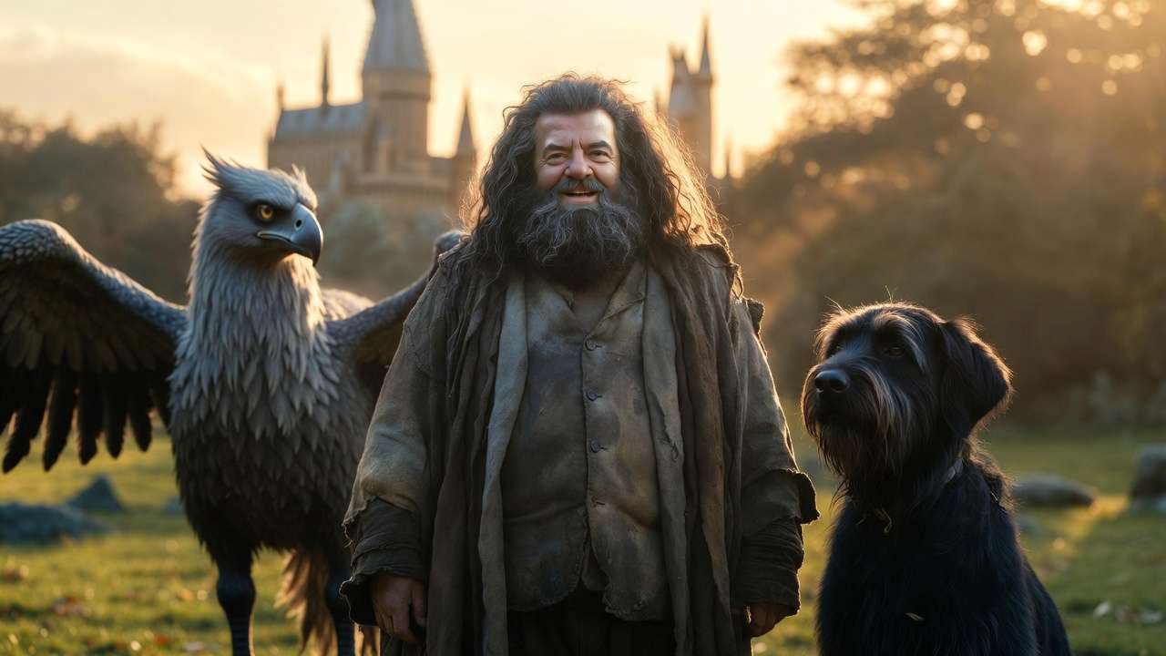 Hagrid with Buckbeak and Fang looking rugged but noble on Hogwarts grounds