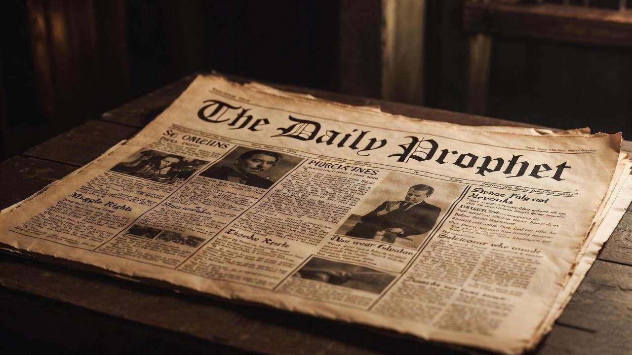 Daily Prophet newspaper open to an article defending Muggle rights in the Harry Potter wizarding world