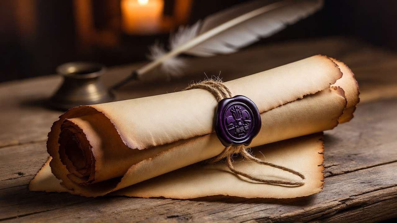Rolled tea-stained parchment scroll with wax seal for magical Harry Potter birthday invitation DIY