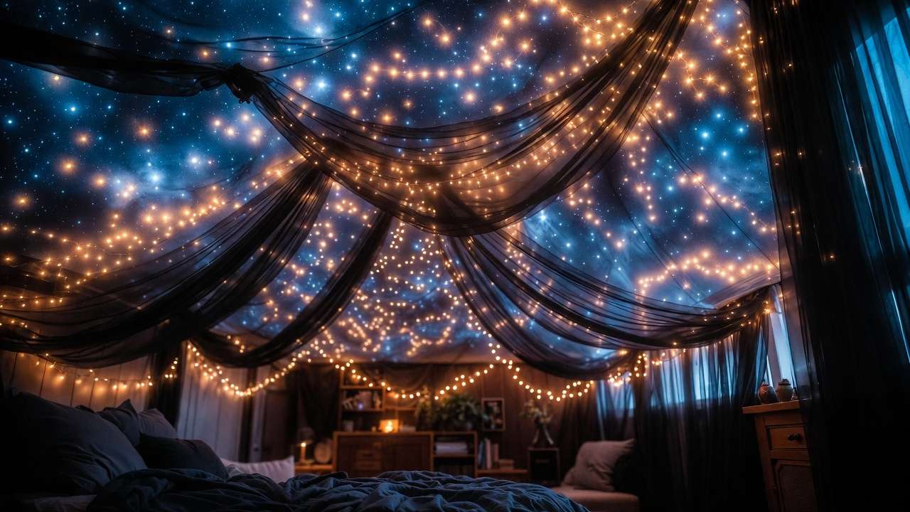 Astronomy tower starry ceiling canopy with glowing constellations and fairy lights in enchanting Harry Potter bedroom aesthetic