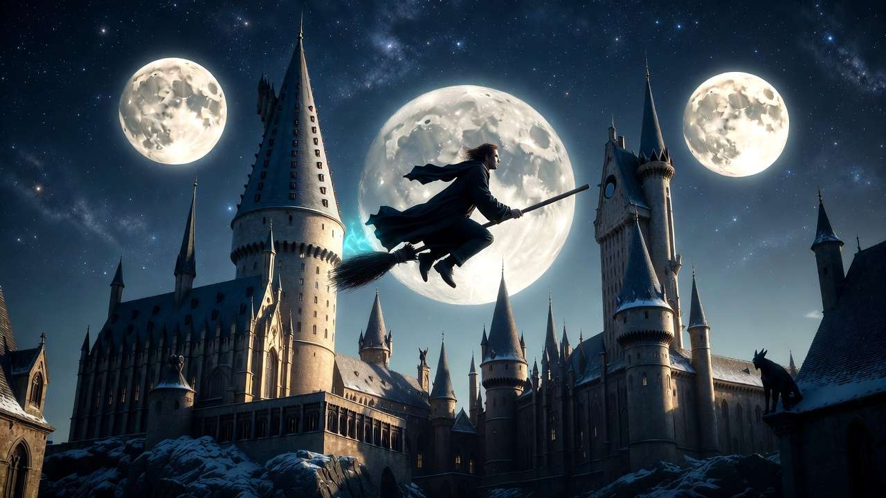 Night broom flight revealing Alohomora locks and Demiguise Moons over Hogwarts
