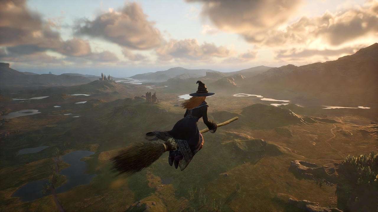 Flying on broom over scenic Highlands landscape in Hogwarts Legacy
