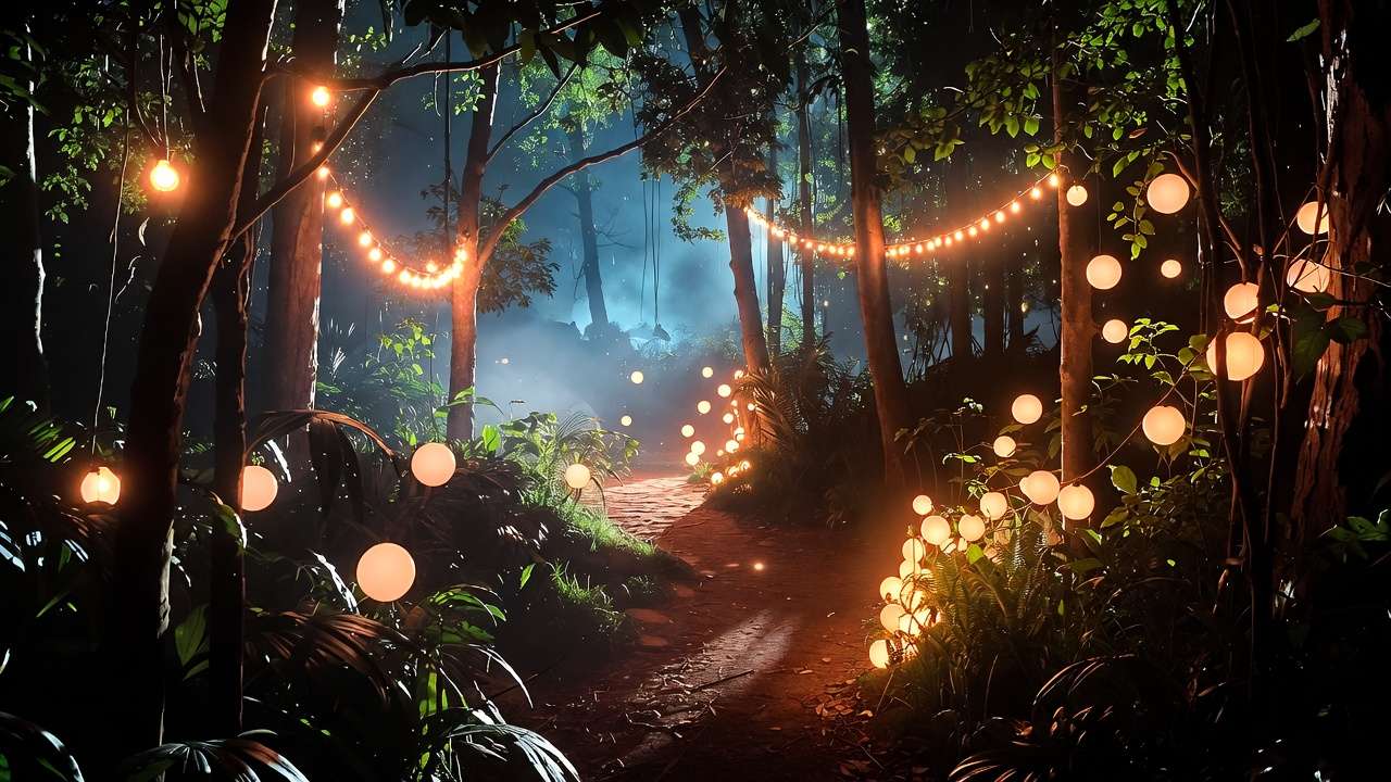 Interactive spell-casting moment on the illuminated Forbidden Forest trail Harry Potter Austin experience