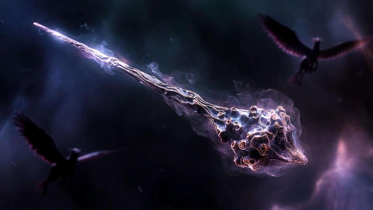 The Elder Wand with Thestral tail hair core in Harry Potter, surrounded by magical aura.