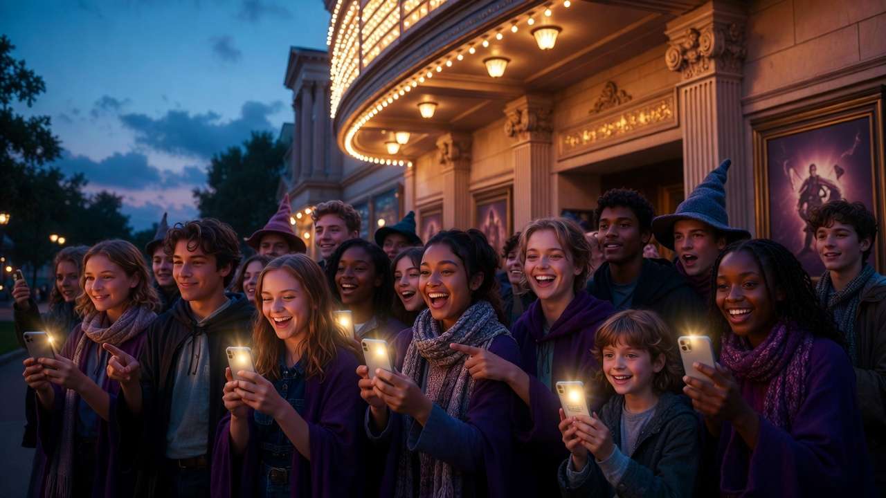 Fans excitedly holding tickets for 2026 Harry Potter film concert series outside theater