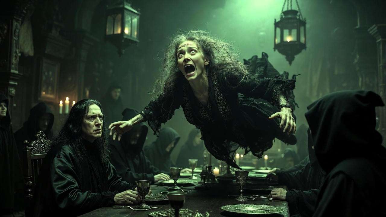 Charity Burbage suspended in terror above the Death Eaters table pleading for mercy in Harry Potter