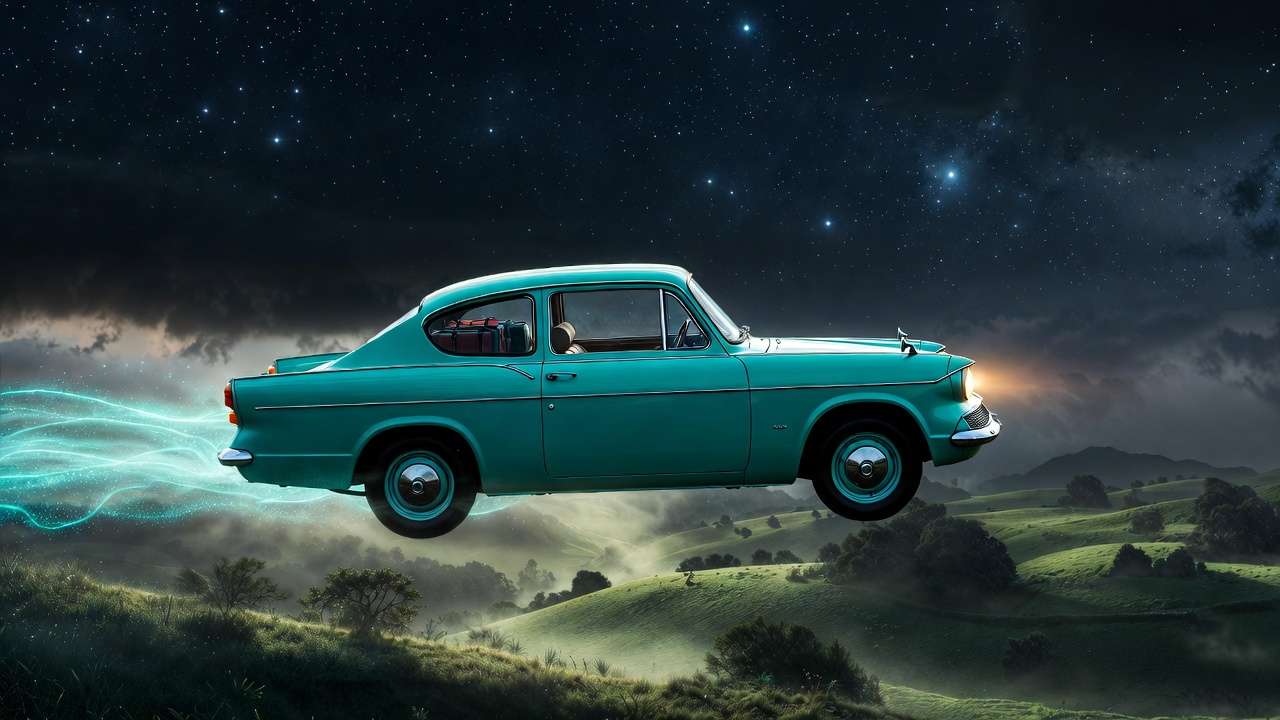 Turquoise flying Ford Anglia enchanted with magical features soaring through night sky in Harry Potter style