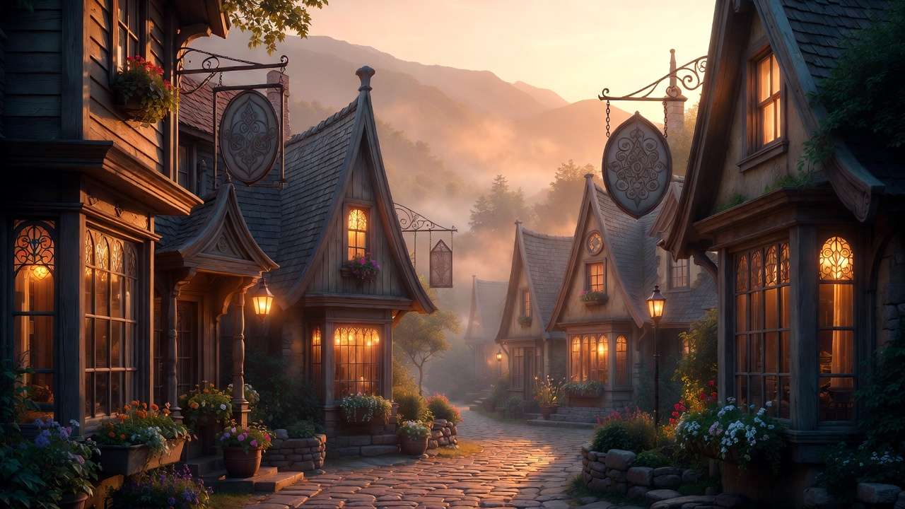 Exterior of Mystic Village cottages and storefronts in Asheville NC Blue Ridge Mountains at sunset, Harry Potter inspired magical getaway