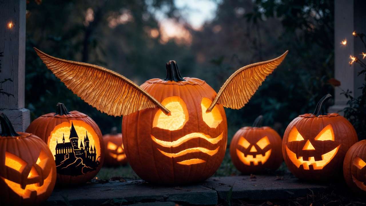 Intricate Golden Snitch Harry Potter jack o lantern with glowing 3D carving