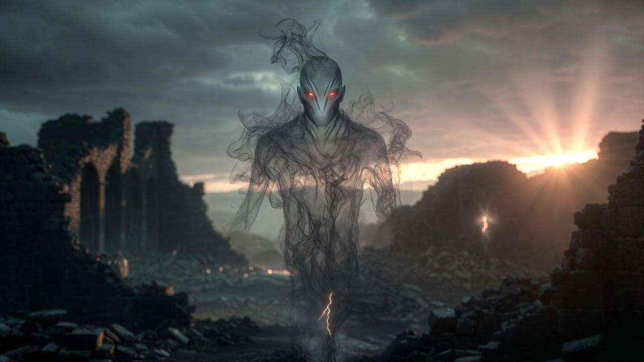 Wraith-like Voldemort fleeing after his defeat in Godric’s Hollow