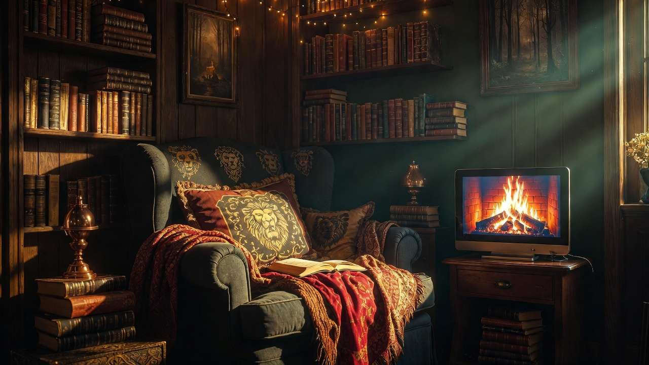 Cozy Gryffindor common room reading corner with scarlet gold throw, faux fireplace, and warm magical lighting in sophisticated Harry Potter home aesthetic