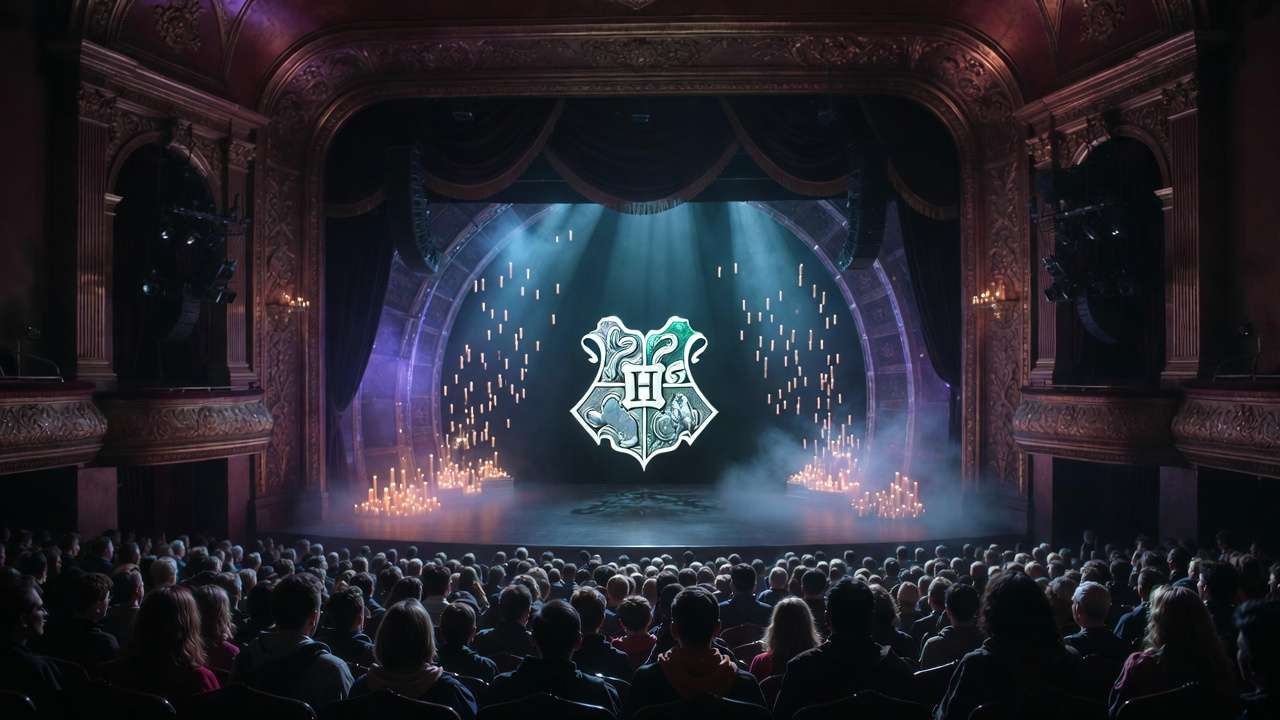Magical stage with glowing Hogwarts crest and floating candles during Harry Potter and the Cursed Child at Nederlander Theatre Chicago