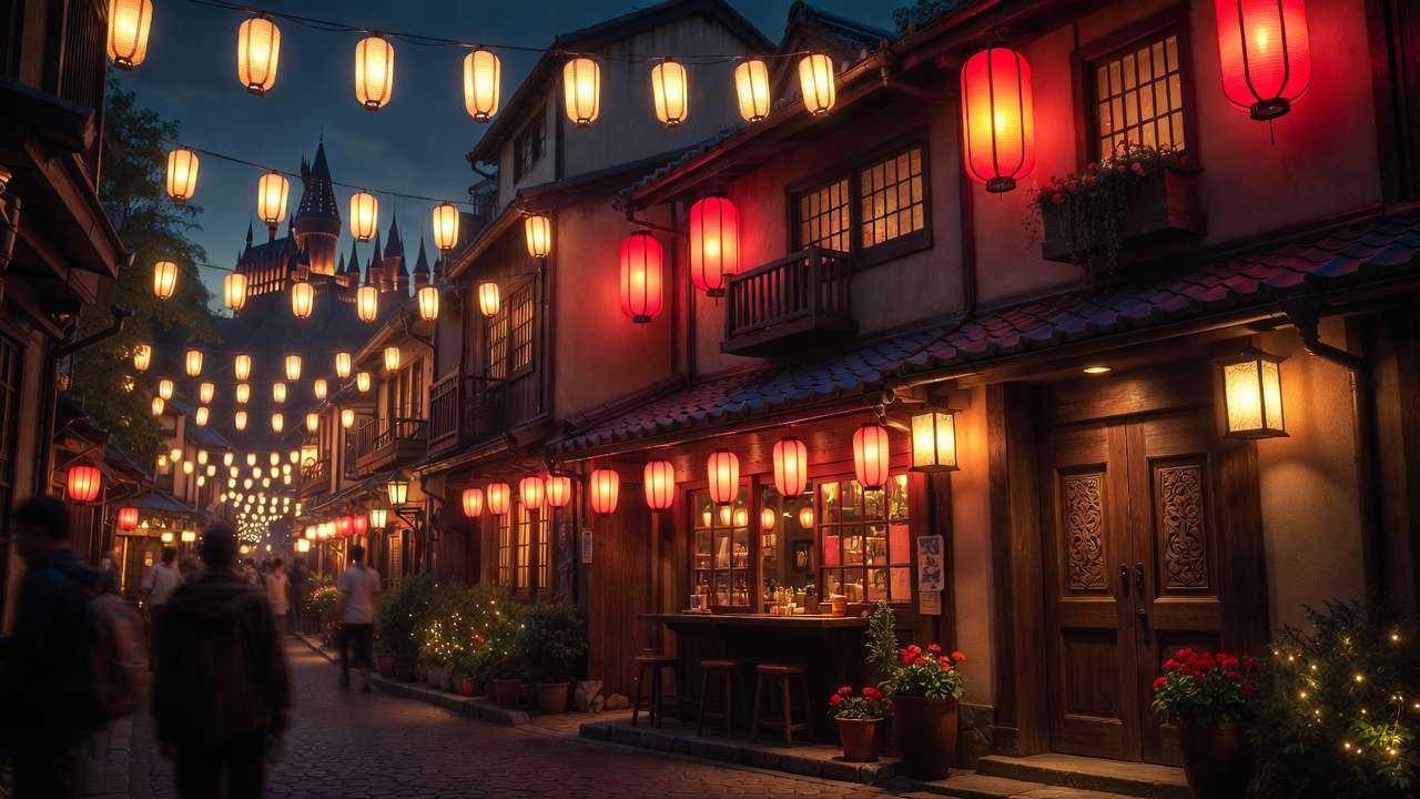 Nighttime entrance to official Harry Potter cafe in Tokyo Akasaka