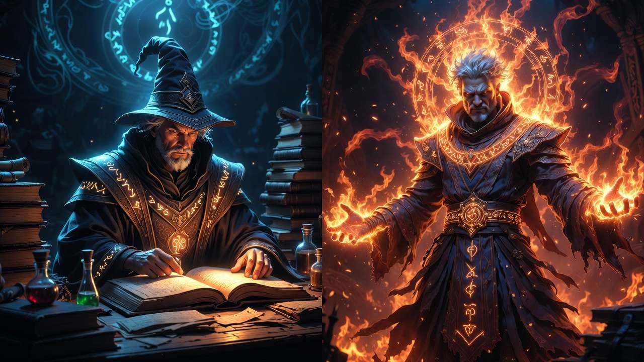 Wizard studying vs sorcerer casting innate magic fantasy comparison