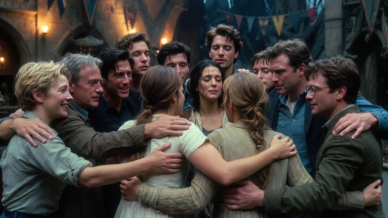 Cast and crew emotional group hug during Harry Potter Deathly Hallows final wrap day