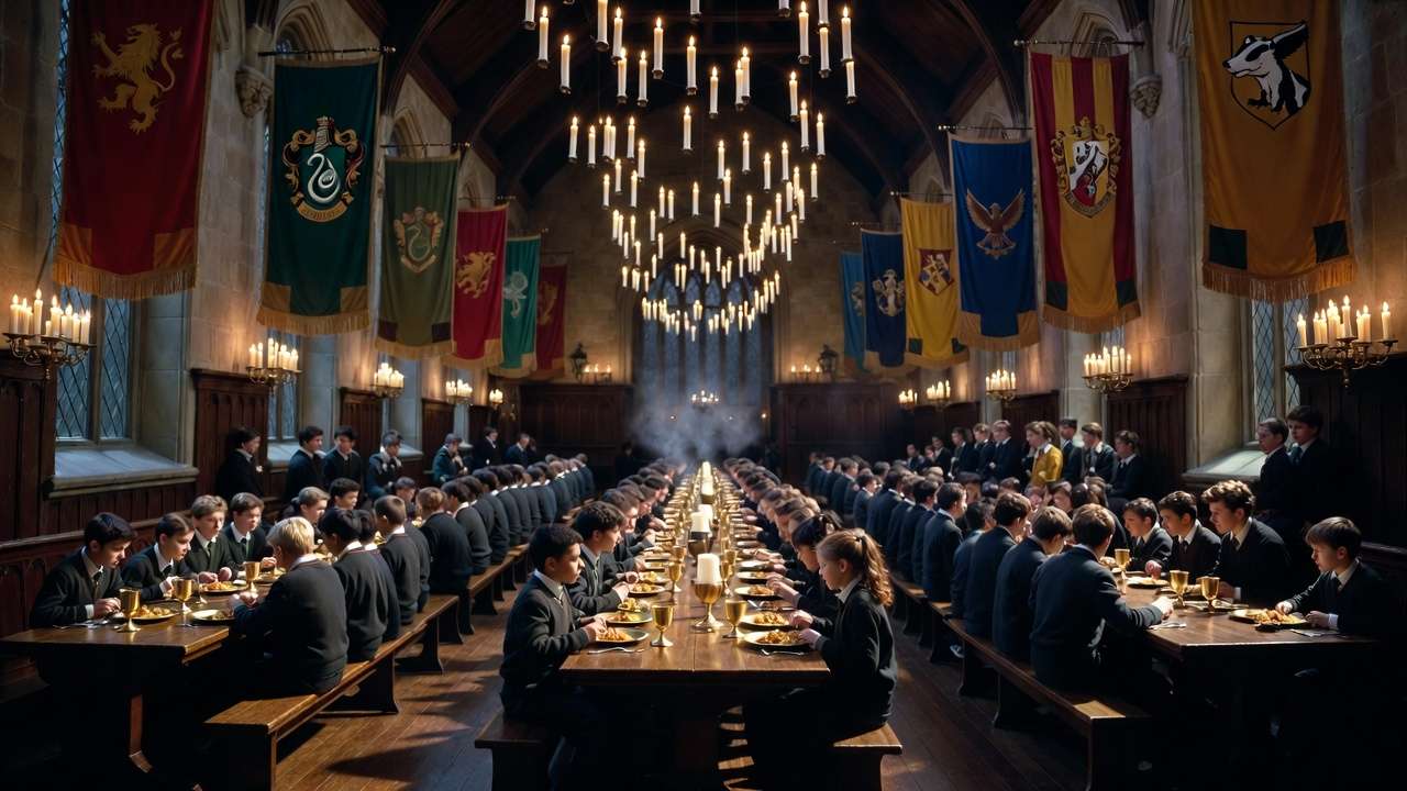 Four Hogwarts house tables in the Great Hall with banners and magical feast setupwith banners and magical feast setup