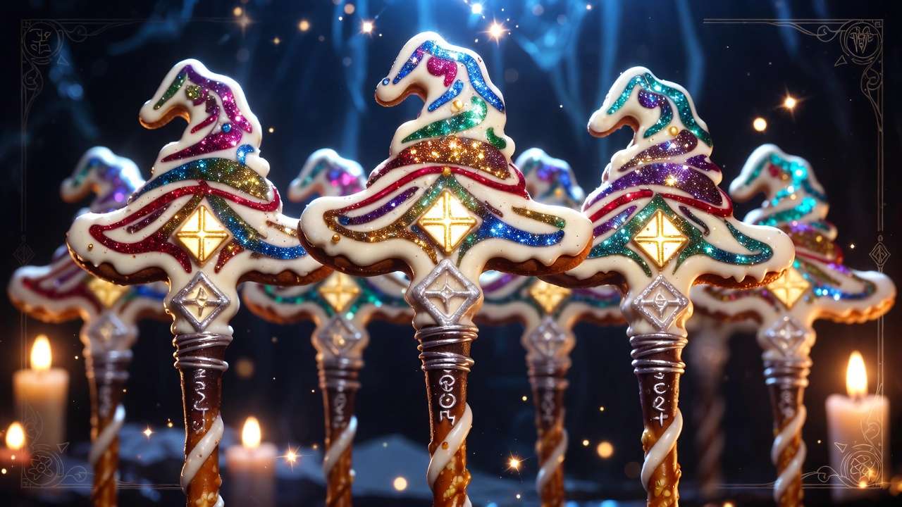 Chocolate-dipped wizard wand pretzel cookies with magical drizzles and glitter