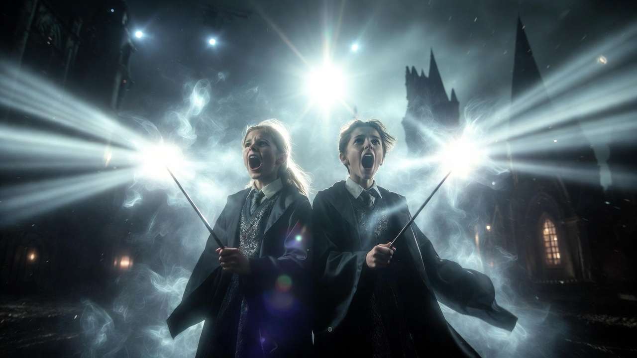 Intense spell-casting scene with dazzling magical effects from Harry Potter and the Cursed Child stage production